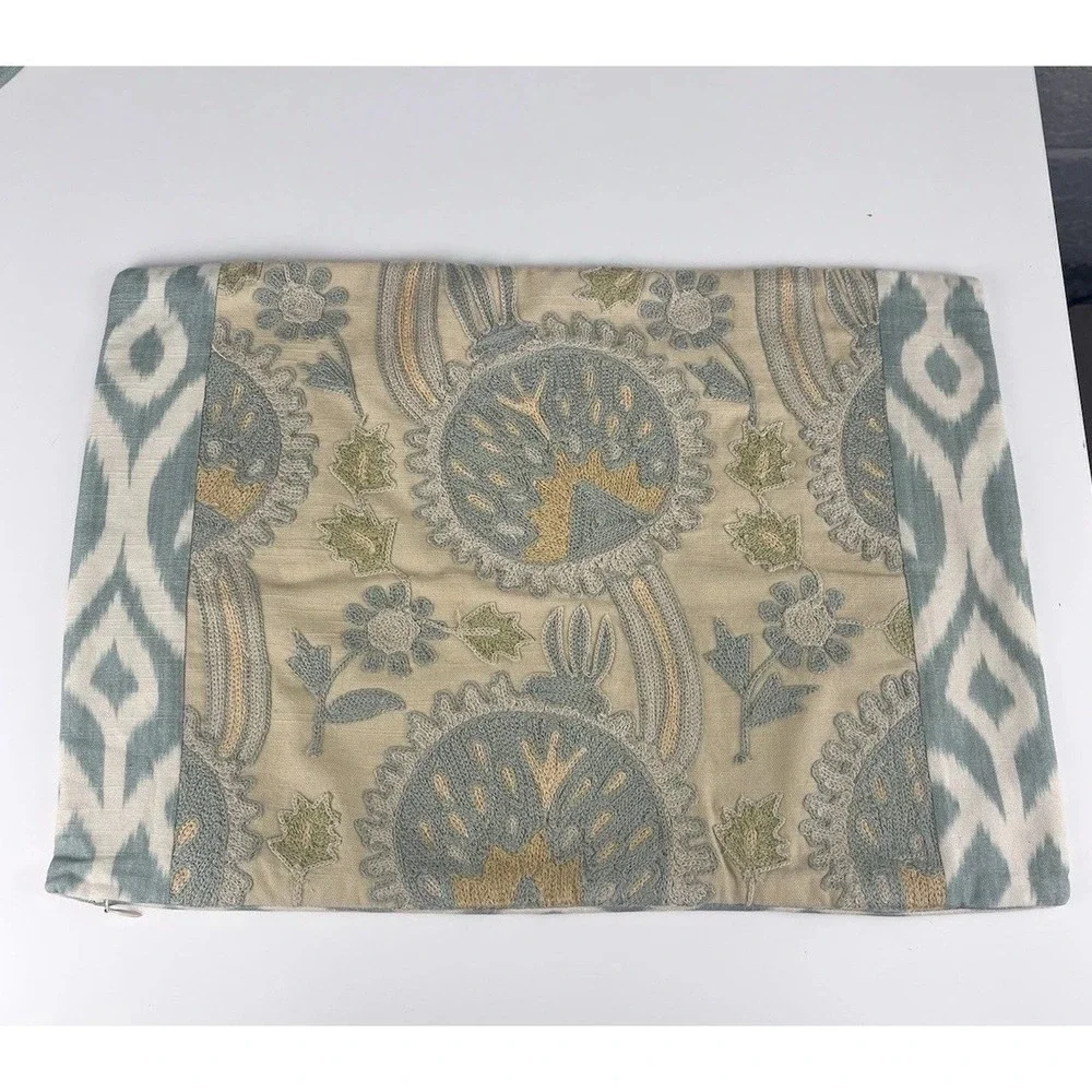 2 x Pottery Barn Aisha Embroidered Lumbar Pillow Cover Suzani Blue Cream Boho